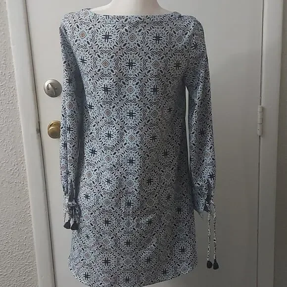 LOFT Ann Taylor Blue/Orange Long Sleeve Crewneck Shift Dress XS Boho Classic - Picture 2 of 10